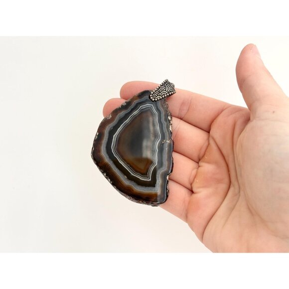 Brown & White Banded Sliced Agate Geode Crystal Large Silver T Vintage Pendant - Picture 16 of 16